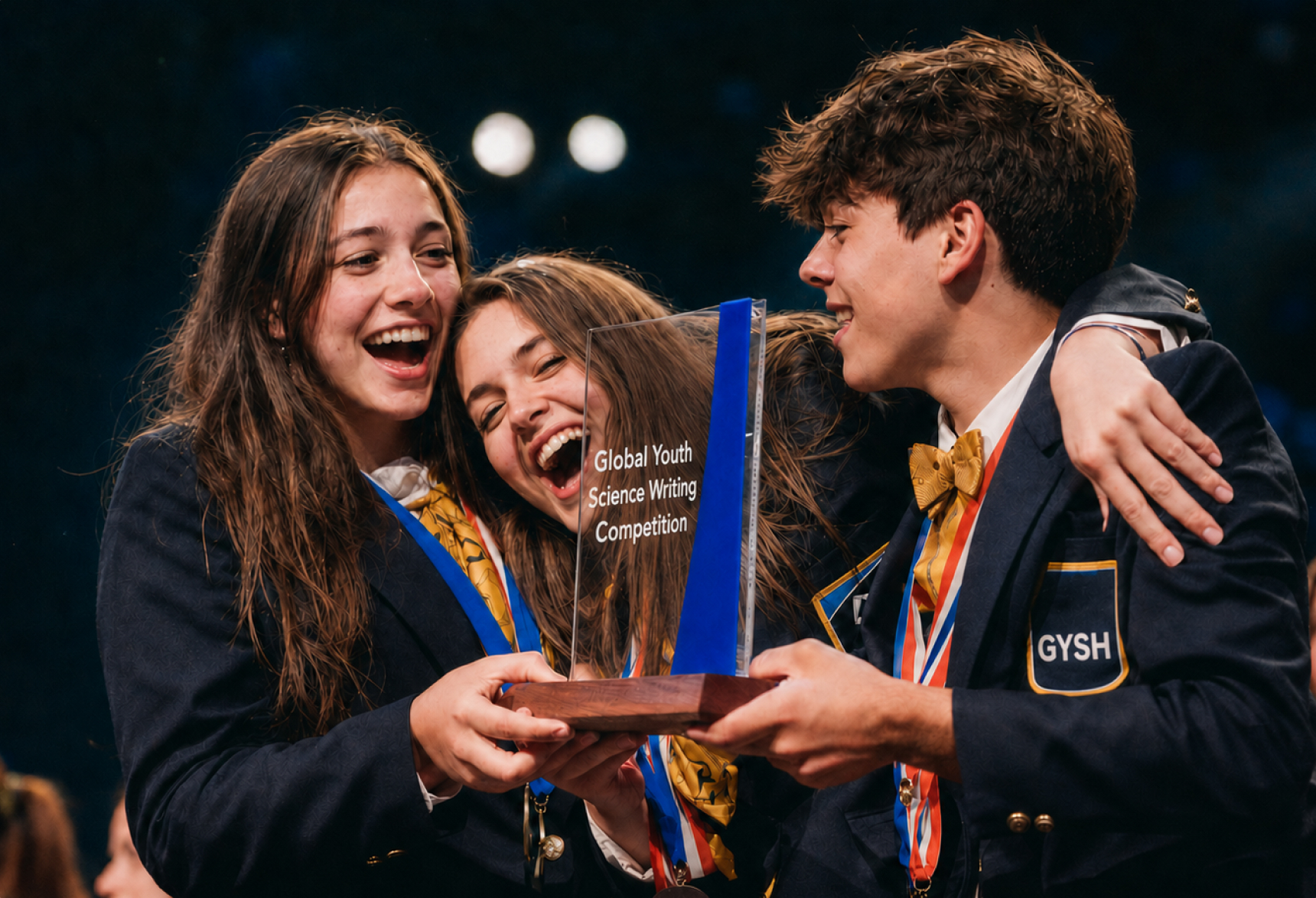 Young science writers celebrating with the competition trophy